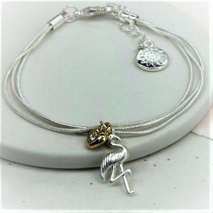 Pretty Silver Plated Bracelet with Flamingo and Heart Charms